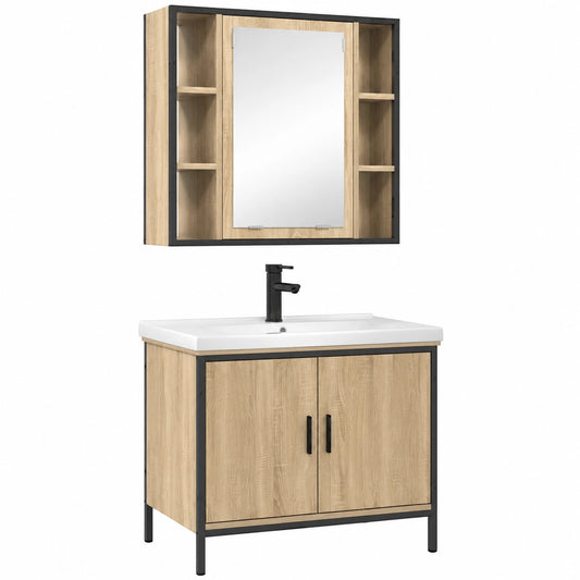 Ensemble de meubles de salle de bain, avec rangement, avec étagères, coloris marron, 2 pièces, pour la salle de bain